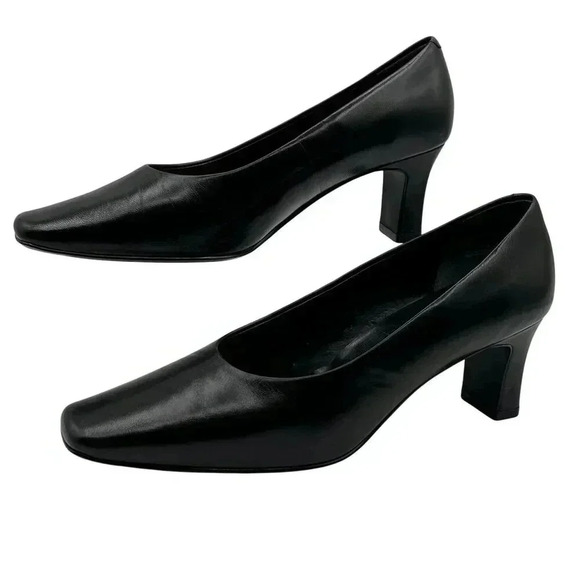 M Patrick Women 7.5W Black Leather Pumps Comfort Business Casual Block Heels - Picture 1 of 13